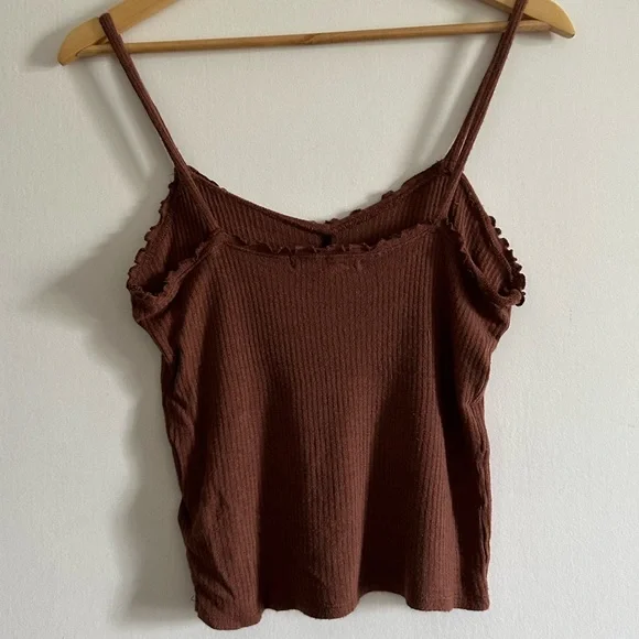 Urban Outfitters Project Social T Brown Ribbed Ruffle Dainty Tank Top Size M EUC - Picture 3 of 9